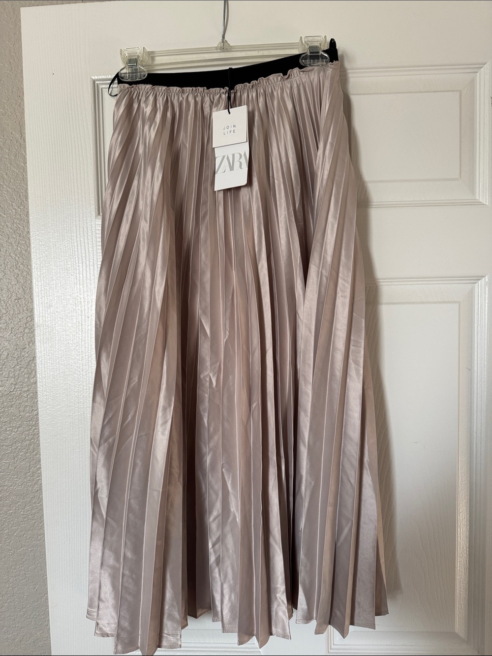 ZARA Pleated Satin Midi Skirt - Light Taupe